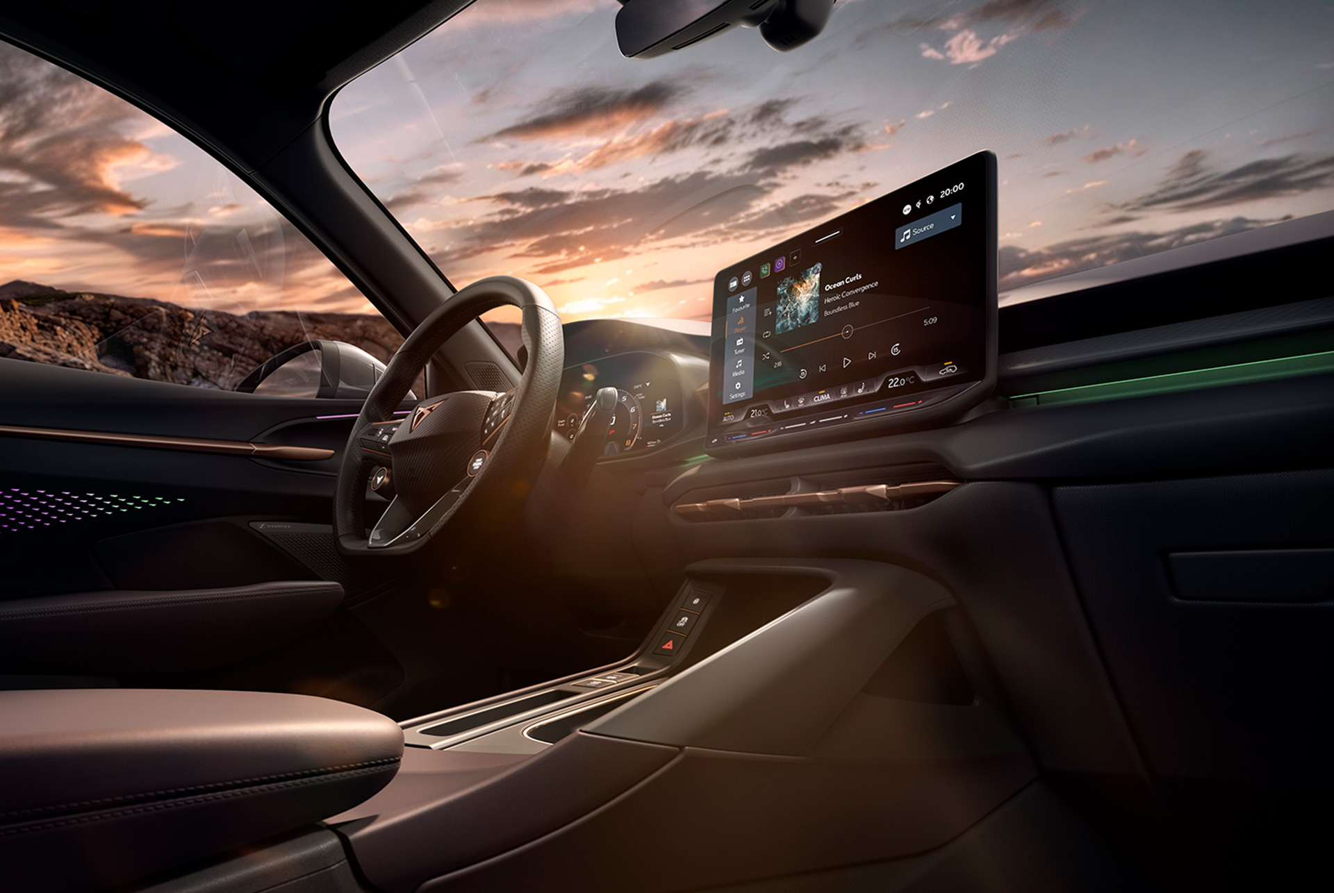 Närbild av fronten på en ny 2024-tals CUPRA Formentor CUV i brons med kopparfärgade accentfälgar, karakteristiska triangelformade framlyktor och distinkt CUPRA-logotyp.